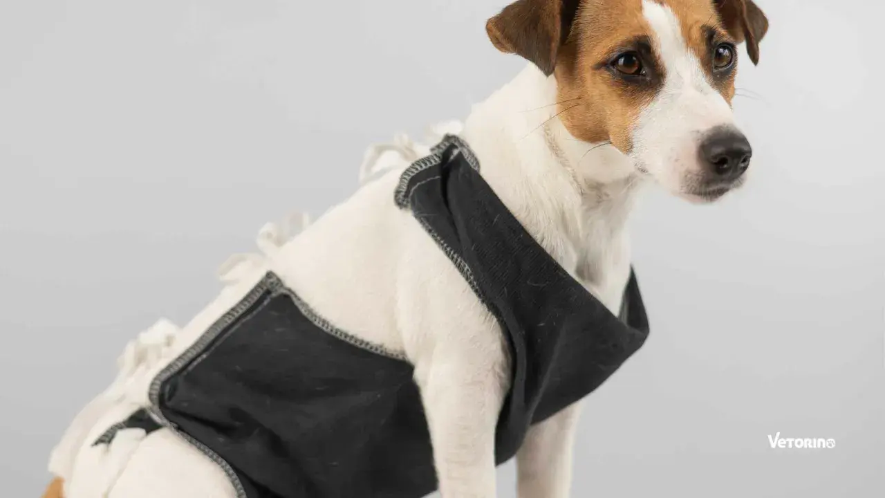 Un adorable Jack Russell porte une tenue noire, peut-être pour l'aider avec son alimentation chien stérilisé.