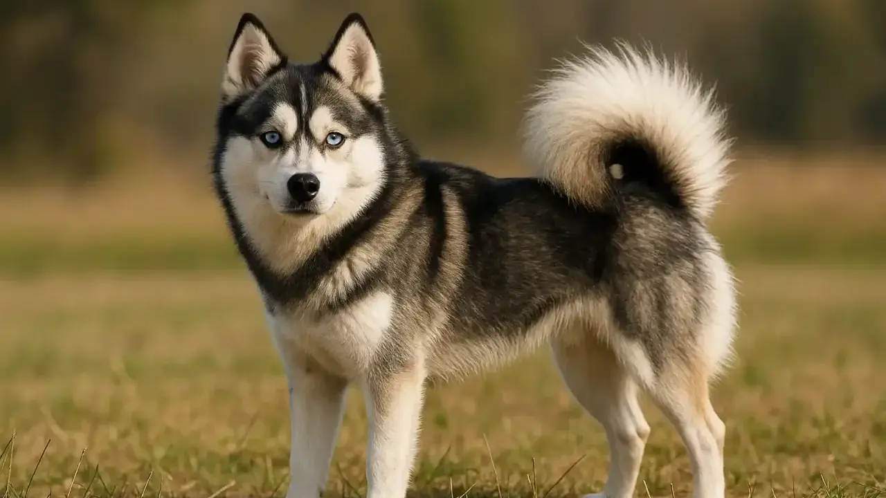 Un magnifique chien pomsky aux yeux bleus perçants se tient fièrement dans un champ herbeux, sa queue touffue enroulée sur son dos.