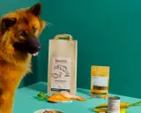 Un chien regarde des produits Franklin, dont un sac de saumon. Avis vétérinaire positif pour Franklin pet food.