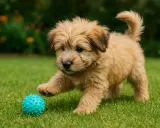 Un adorable chiot berger catalan joue avec une balle bleue sur l'herbe verte.