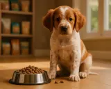 Adorable chiot Epagneul Breton, prêt à déguster sa gamelle. Une alimentation saine pour un chien plein de vie.