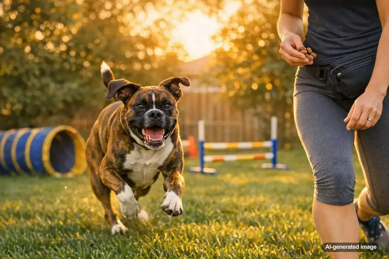 Un joyeux boxer chien court sur l'herbe dorée au coucher du soleil, prêt pour l'agilité avec sa maîtresse.