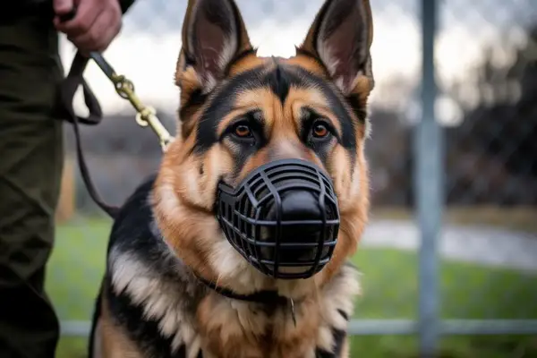 Berger allemand muselé, tenu en laisse. Un outil pour savoir comment faire lâcher un chien qui attaque.