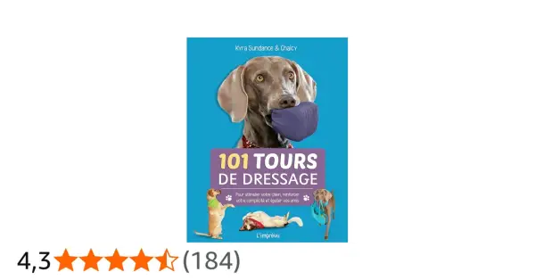 Livre "101 tours de dressage" pour apprendre des tours à son chien. Un Weimaraner tient un coussin dans sa gueule.
