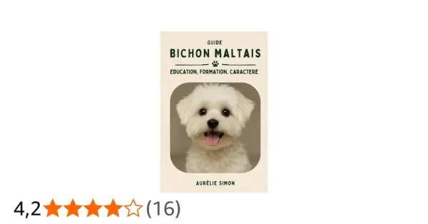 Portrait d'un bichon maltais blanc, joyeux, avec un texte "Guide Bichon Maltais".