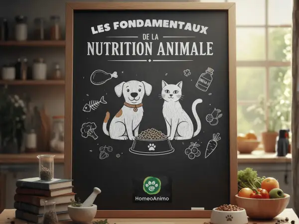 Tableau noir sur la nutrition animale, avec un chien et un chat devant un bol de croquettes. Idéal pour un repas pour chien équilibré.