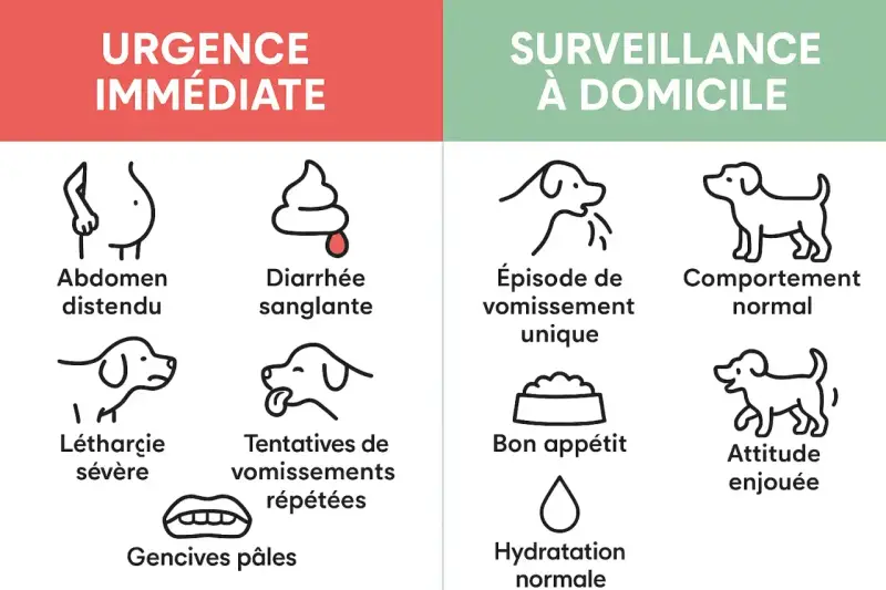 Urgence vétérinaire : chien avec diarrhée sanglante, abdomen distendu, léthargie, gencives pâles. Surveillance : épisode de vomissement unique, bon appétit.
